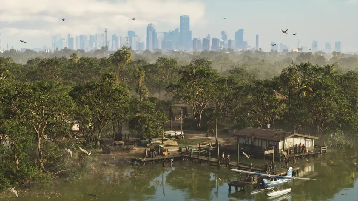 Pantano de Grassrivers con el perfil de Vice City al fondo