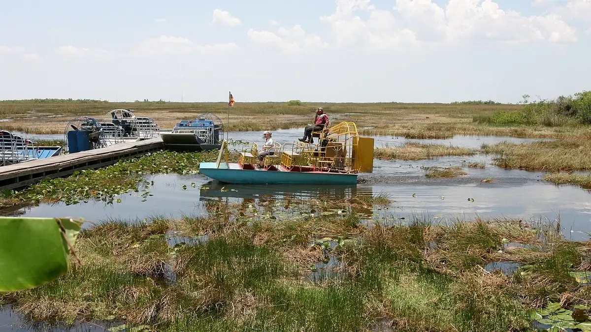 Foto real de aerodeslizadores en un embarcadero de los Everglades, entre hierba y agua