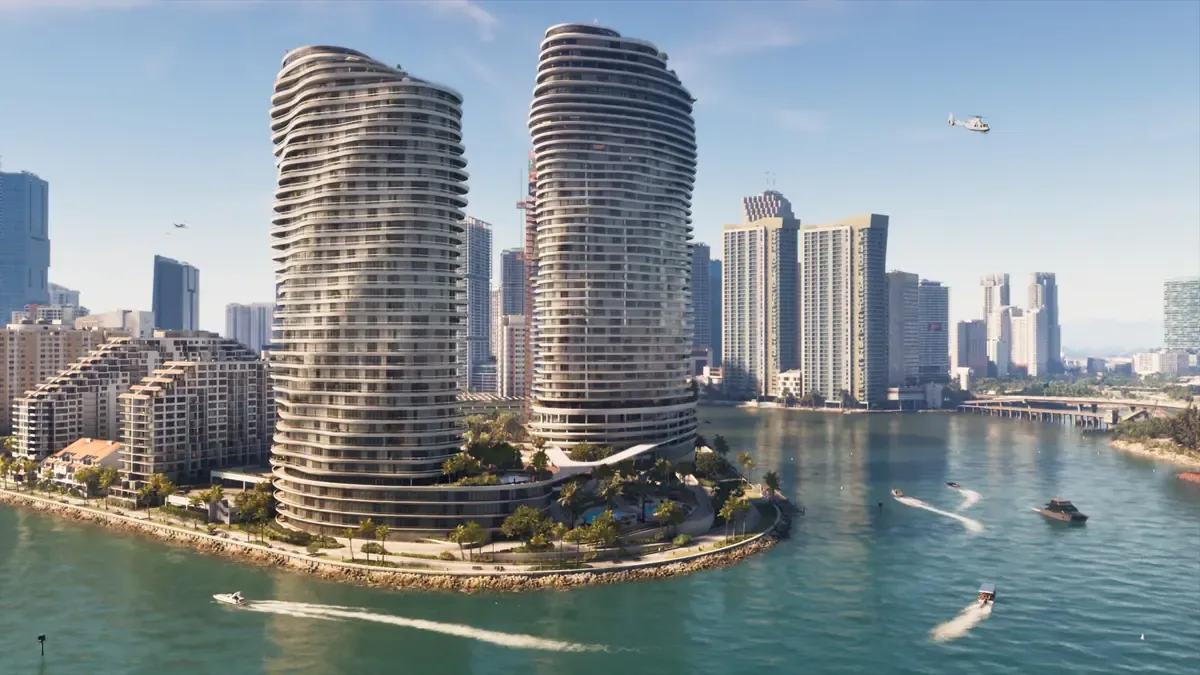 Torres de cristal de Vice City junto a la bahía, con barcos en el agua